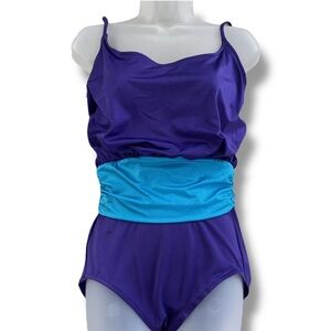 VTG 80s / 90s Sirena Blouson Top One Piece Swimsuit Color Block Purple Teal 16
